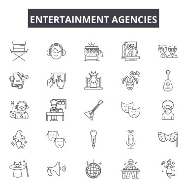 Entertaiment ajansları satır simgeleri, işaretler seti, vektör. Entertaiment ajansları anahat kavramı, illüstrasyon: eğlence, ajans, hizmet, olay, parti, pazarlama