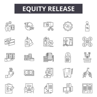 Eququity release line icons, signs set, vector. Eququity release outline concept, illustration: money,debt,3d credit,mortgage,loan,finance,property,financial,credit line clipart