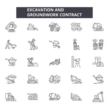 Excavation and grounwork line icons, signs set, vector. Excavation and grounwork outline concept, illustration: industry,industrial,heavy,work,isolated,digger,metal clipart