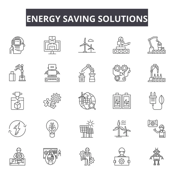 Energiesparlösungen Linie Symbole, Zeichen gesetzt, Vektor. Energiesparlösungen skizzieren Konzept, Illustration: Energie, Lösung, Leistung, Innovation, Idee, Licht, Glühbirne, kreativ — Stockvektor