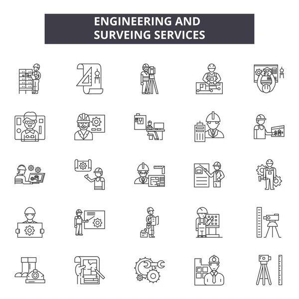 Engineering and surveing services line icons, signs set, vector. Engineering and surveing services outline concept, illustration: flat,engineering,survey,technology,deset — Stock Vector