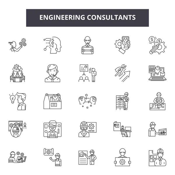 Mühendislik danışmanı çizgi simgeleri, işaretler seti, vektör. Mühendislik danışmanı anahat kavramı, illüstrasyon: mühendis, iş, teknoloji, konsept, yönetim, danışmanlık, adam