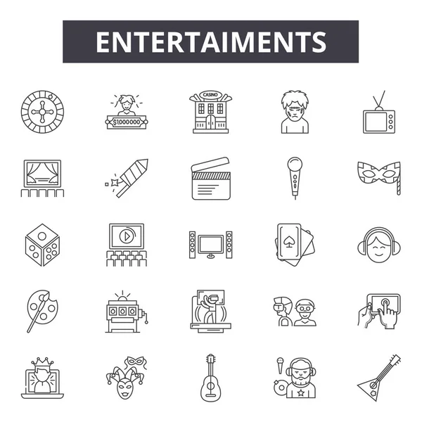 Entertaiments satır simgeleri, işaretler kümesi, vektör. Entertaiments anahat kavramı, illüstrasyon: izole, siyah, entertaiment, düz, deoutsilhouette