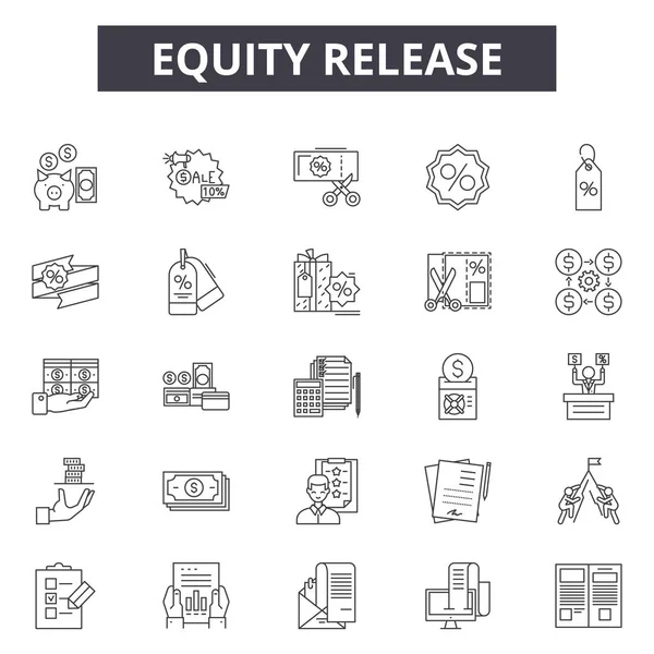 Iconos de línea de liberación de equidad, conjunto de signos, vector. Eququity release outline concept, illustration: money, debt, 3d credit, mortgage, loan, finance, property, financial, credit line — Vector de stock