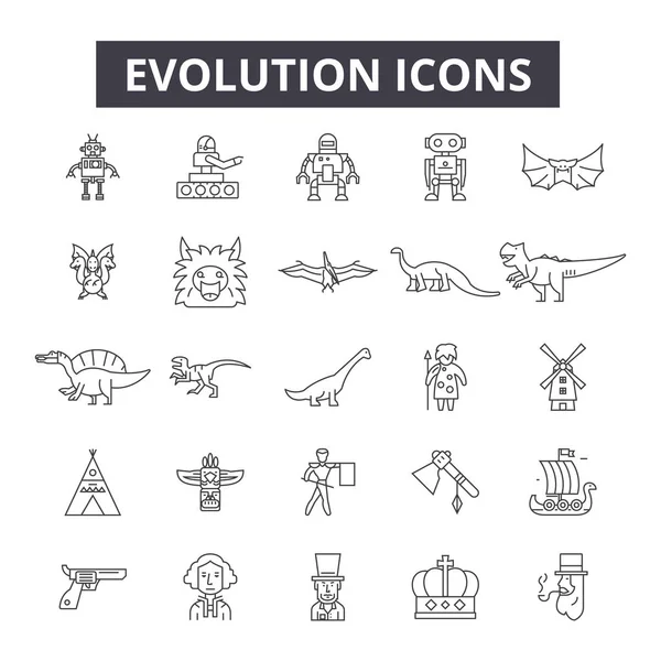 Evrim çizgisi simgeleri, işaretler seti, vektör. Evrim anahat kavramı, illüstrasyon: evrim, insan, biyoloji, bilim, teknoloji, kavram