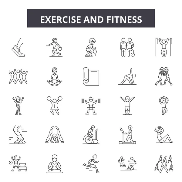 Motion och Fitness linje ikoner, skyltar, vektor. Övning och Fitness disposition koncept, illustration: gym, fitness, idrott, motion, hälsa, vikt — Stock vektor