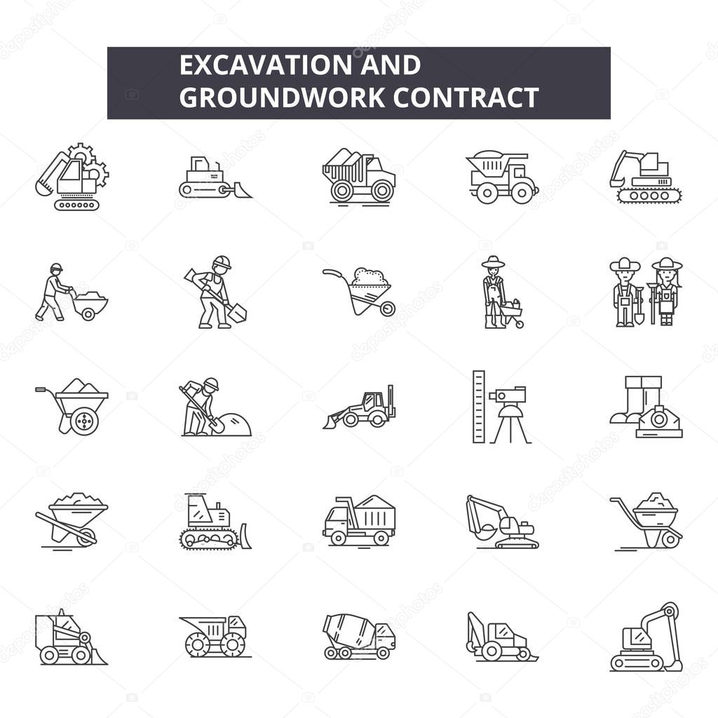 Excavation and grounwork line icons, signs set, vector. Excavation and grounwork outline concept, illustration: industry,industrial,heavy,work,isolated,digger,metal
