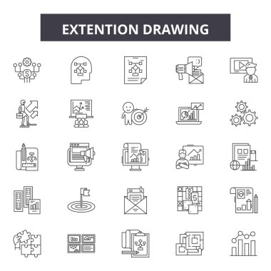 Extention çizim çizgisi simgeleri, işaretler kümesi, vektör. Extention çizim anahat kavramı, illüstrasyon: demeasurement, çizim, uzunluk, araç, cetvel, ölçüde