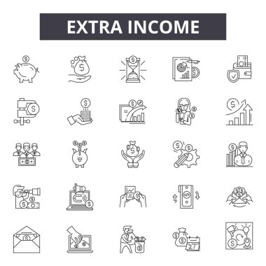 Ekstra gelir çizgisi simgeleri, işaretler seti, vektör. Ekstra gelir anahat kavramı, illüstrasyon: ekstra, gelir, iş, para, finans, başarı, finansal, yatırım, kar