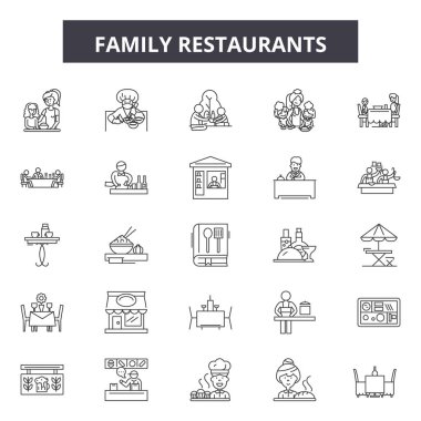 Aile restoranları satır simgeleri, işaretler seti, vektör. Aile restoranları anahat kavramı, illüstrasyon: restoran, aile, gıda, insanlar, iş