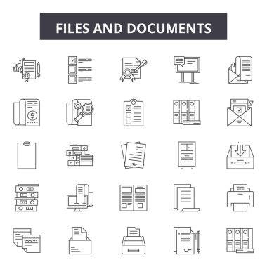 Dosya ve belgeler satır simgeleri, işaretler seti, vektör. Dosya ve belgeler anahat kavramı, illüstrasyon: dosya, belge, kağıt, sayfa, web, iş