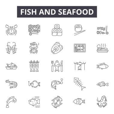 Balık ve deniz ürünleri hattı simgeleri, işaretler seti, vektör. Balık ve deniz ürünleri anahat kavramı, illüstrasyon: deniz ürünleri, gıda, balık, restoran, deniz