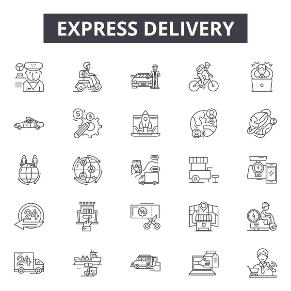 Iconos de línea de entrega expresa, conjunto de signos, vector. Concepto de esquema de entrega rápida, ilustración: entrega, expreso, rápido, servicio, negocio, velocidad, envío, transporte — Vector de stock