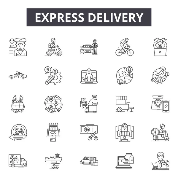 Ícones de linha de entrega expressa, conjunto de sinais, vetor. Conceito de esboço de entrega expresso, ilustração: entrega, expresso, rápido, serviço, negócio, velocidade, transporte, transporte —  Vetores de Stock