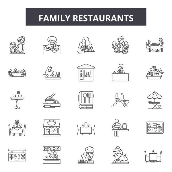 Familie restaurants lijn iconen, borden set, Vector. Restaurants in gezinnen omtrek concept, illustratie: Restaurant, familie, eten, mensen, bedrijf — Stockvector