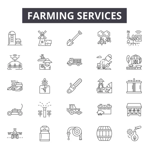 Iconos de línea de servicios agrícolas, conjunto de signos, vector. Servicios agrarios esquema concepto, ilustración: agricultura, servicio, granja, debusiness, agricultor — Vector de stock