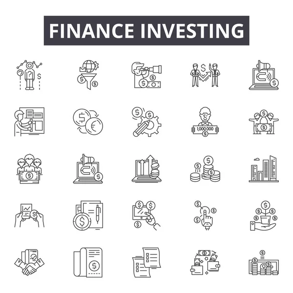 Finanza linea di investimento icone, segni impostati, vettore. Concetto di investimento finanziario, illustrazione: denaro, finanza, affari, investimenti, banca, valuta, pagamento, bancario — Vettoriale Stock