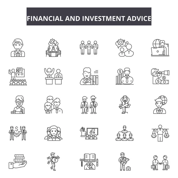 Pénzügyi és befektetési tanácsadás line ikonok, jelzések készlet, vektor. Pénzügyi és befektetési tanácsadás vázlatos koncepció, illusztráció: pénzügyi, üzleti, tanácsadás, beruházás, pénzügy, pénz, koncepció, siker — Stock Vector