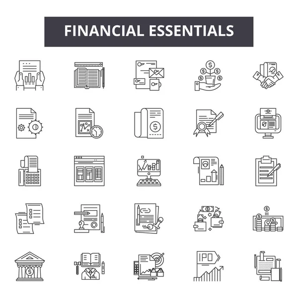 Finanzielle Grundlagen linieren Symbole, Zeichen setzen, Vektor. Financial Essentials skizzieren Konzept, Illustration: Finanzen, Wirtschaft, Finanzen, Büro, Web, Wohnung — Stockvektor