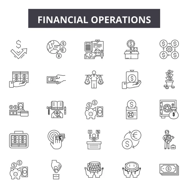 Financiële activiteiten lijn iconen, borden set, Vector. Financiële operaties overzicht concept, illustratie: Business, financieel, bankieren, geld, concept, investering, versnelling, symbool — Stockvector