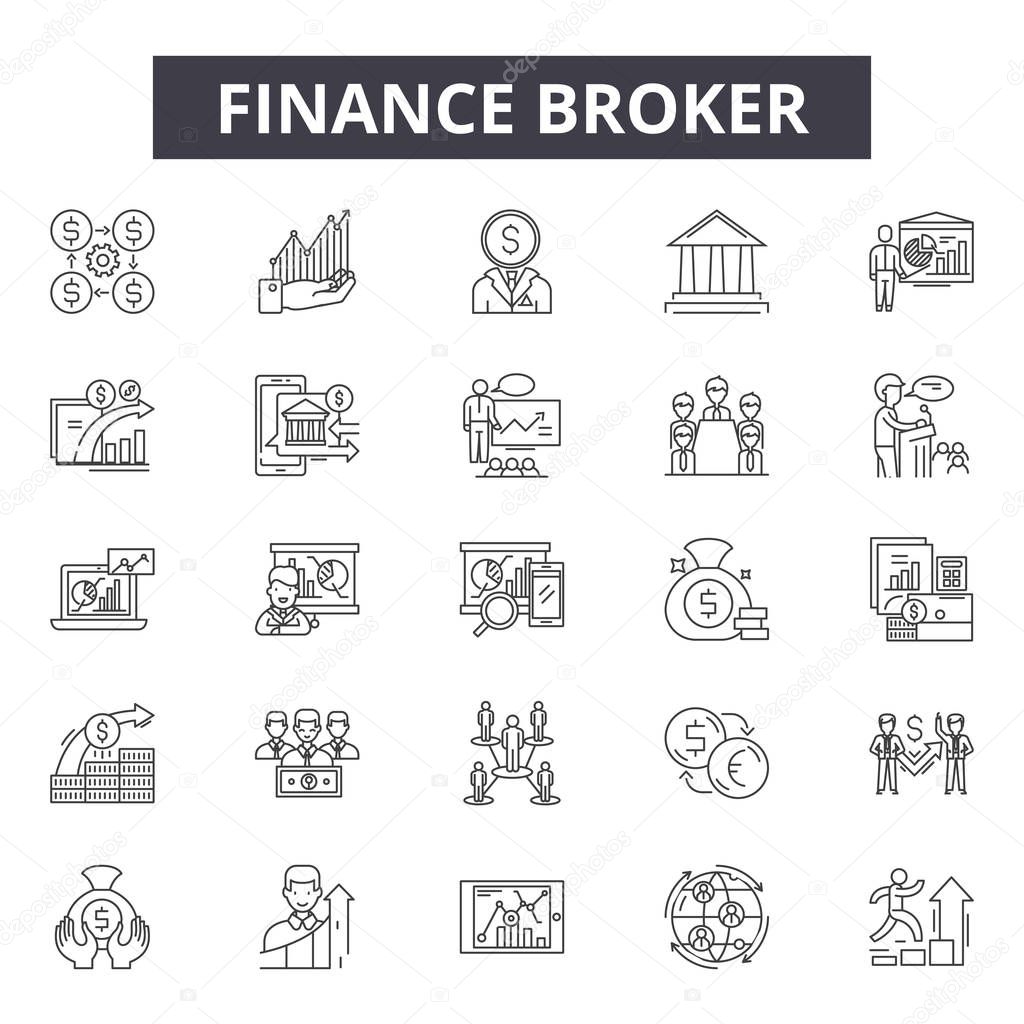 Finance broker line icons, signs set, vector. Finance broker outline concept, illustration: broker,finance,money,business,investment,trade