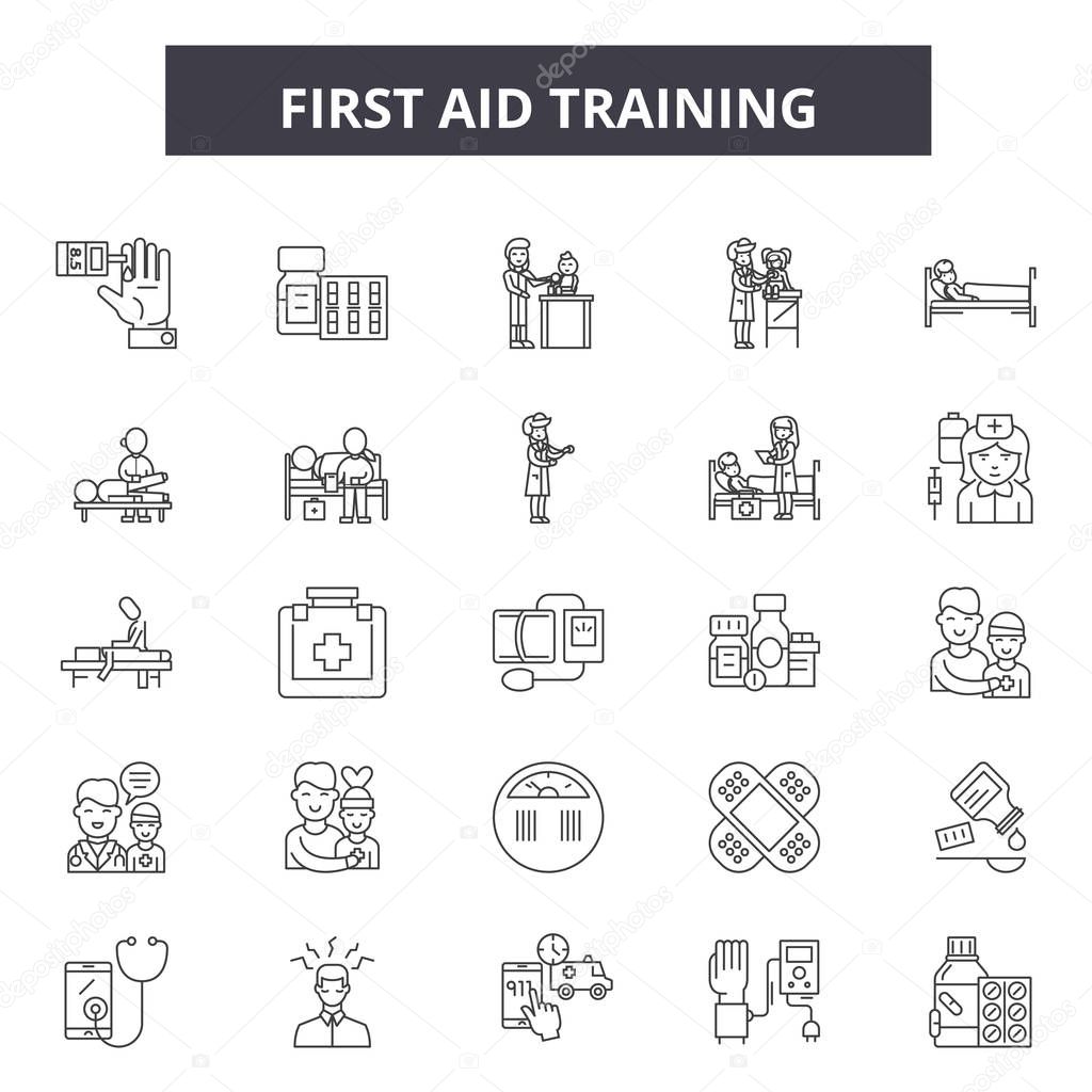 First aid training line icons, signs set, vector. First aid training outline concept, illustration: first,aid,medical,resuscitation,health,training,emergency,cpr,heart,help