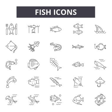 Balık çizgisi simgeleri, işaretler seti, vektör. Balık anahat kavramı, illüstrasyon: balık, deniz, okyanus, deniz ürünleri, hayvan, gıda