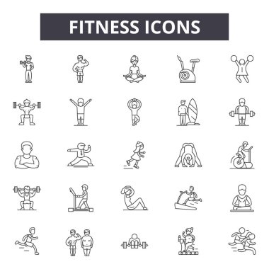 Fitness çizgisi simgeleri, işaretler seti, vektör. Fitness anahat kavramı, illüstrasyon: spor salonu, diyet, fitness, ağırlık, egzersiz, kas, spor