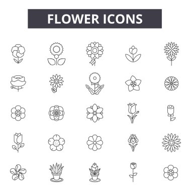Çiçek çizgisi simgeleri, işaretler seti, vektör. Çiçek anahat kavramı, illüstrasyon: çiçek, doğa, bahar, çiçek, çiçek, yaz, izole, bitki
