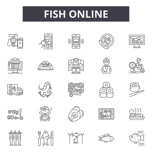 물고기 온라인 라인 아이콘, 기호 세트, 벡터. 물고기 온라인 개요 개념, 그림: 물고기, 음식, 해산물, 온라인 — 스톡 벡터