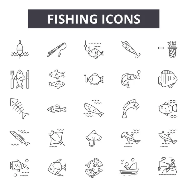 Ikony rybářských čar, nastavení značek, vektor. Koncepce rybářského obrysu, ilustrace: rybolov, příroda, ryby, voda, člun, rod, úlovek — Stockový vektor