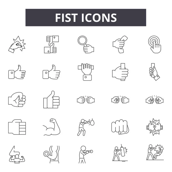 Iconos de línea de puño, signos establecidos, vector. Concepto del contorno del puño, ilustración: puño, poder, mano, humano, puñetazo — Archivo Imágenes Vectoriales