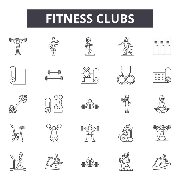 Fitness clubes ícones de linha, conjunto de sinais, vetor. Os clubes de fitness delineiam o conceito, ilustração: aptidão, esporte, clube, saúde, ginásio, são —  Vetores de Stock
