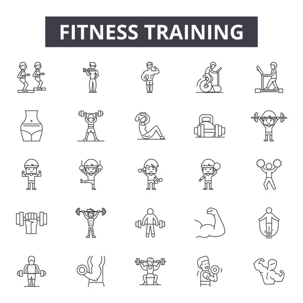 Iconos de línea de entrenamiento de fitness, letreros, vector. Concepto de esquema de entrenamiento de fitness, ilustración: gimnasio, fitness, entrenamiento, deporte, peso, saludable, ejercicio, símbolo — Vector de stock