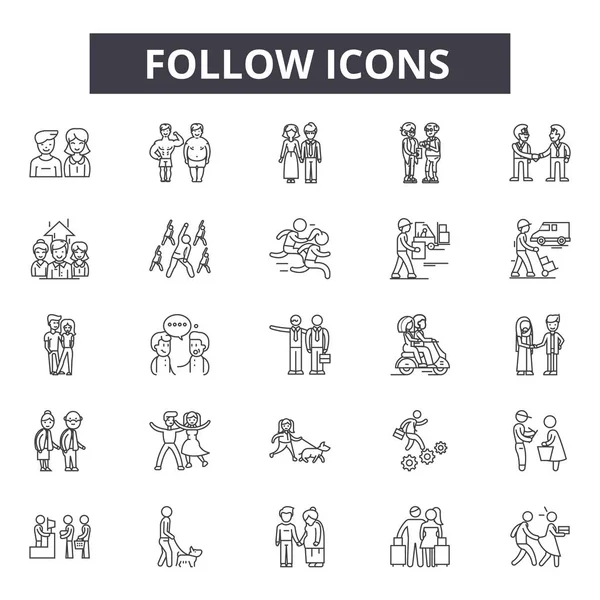 Siga los iconos de línea, signos establecidos, vector. Follow outline concept, illustration: social, follow, demedia, network, communication — Vector de stock
