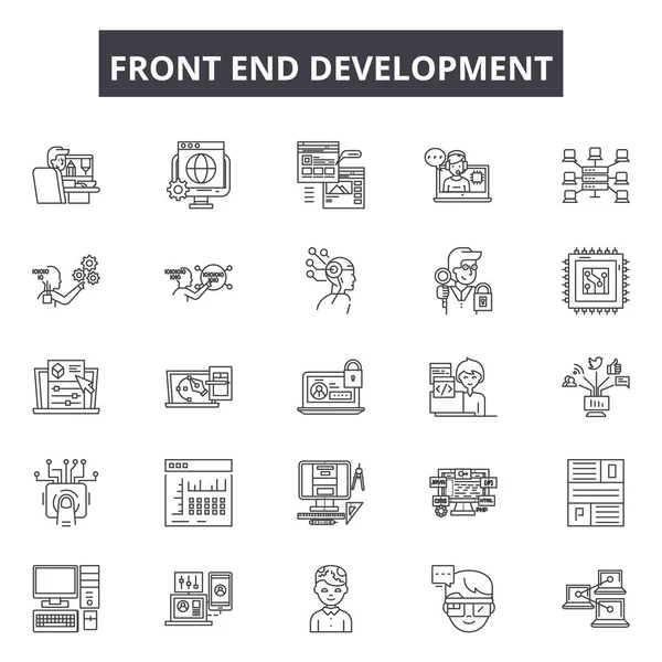 Iconos de línea de desarrollo del extremo frontal, conjunto de signos, vector. Concepto de esquema de desarrollo de front-end, ilustración: web, desarrollo, tecnología, negocio, descodificador, codificación — Vector de stock