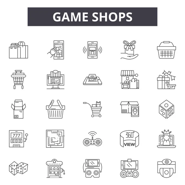 Lojas de jogos ícones de linha, conjunto de sinais, vetor. Lojas de jogos esboço conceito, ilustração: degame, loja, web, computador —  Vetores de Stock