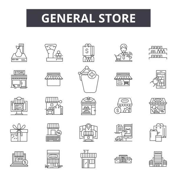 Ícones de linha de loja geral, conjunto de sinais, vetor. Conceito geral de contorno de loja, ilustração: loja, loja, geral, varejo, negócio, web — Vetor de Stock