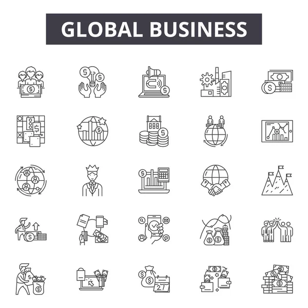 Iconos de línea de negocio global, conjunto de signos, vector. Concepto de esquema de negocio global, ilustración: negocios, global, administración, oficina, finanzas — Vector de stock