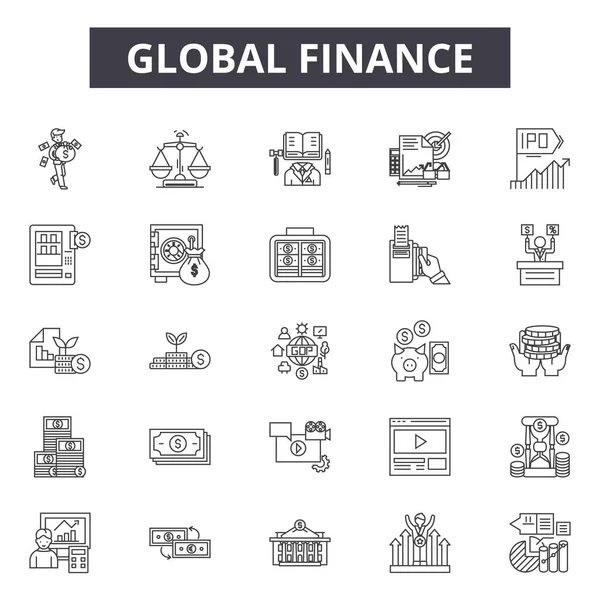 Iconos de línea de finanzas globales, signos establecidos, vector. Concepto de esquema financiero global, ilustración: negocios, global, finanzas, dinero, banco, gestión — Archivo Imágenes Vectoriales