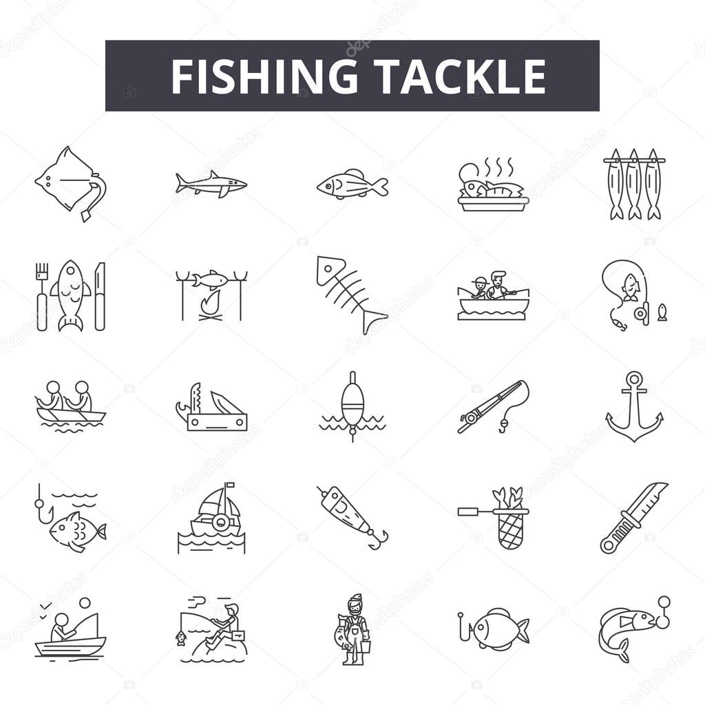 Fishing tackle line icons, signs set, vector. Fishing tackle outline concept, illustration: fishing,tackle,fish,rod,sport,equipment,bait