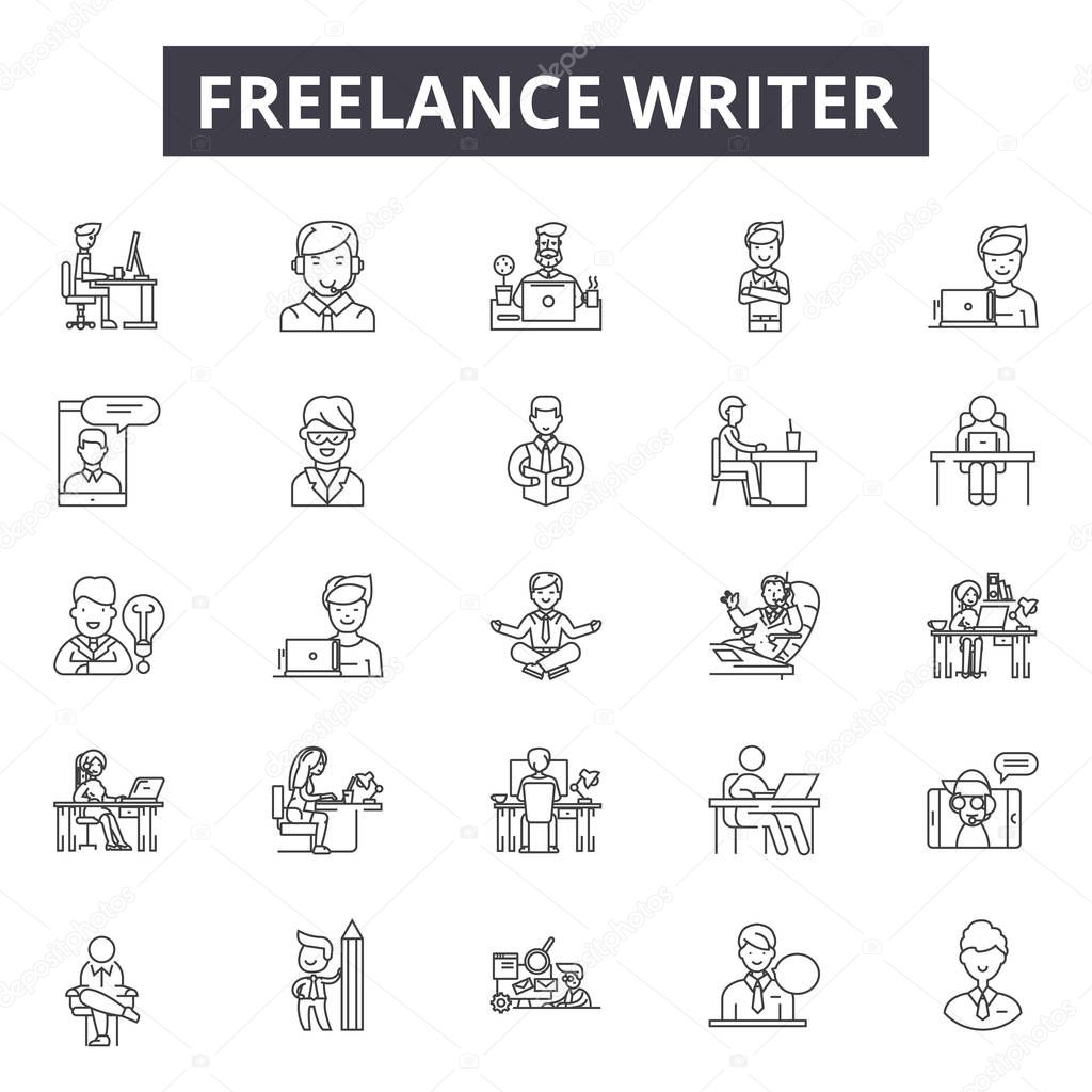 Freelance writer line icons, signs set, vector. Freelance writer outline concept, illustration: writer,freelance,business,decreative,flat,computer