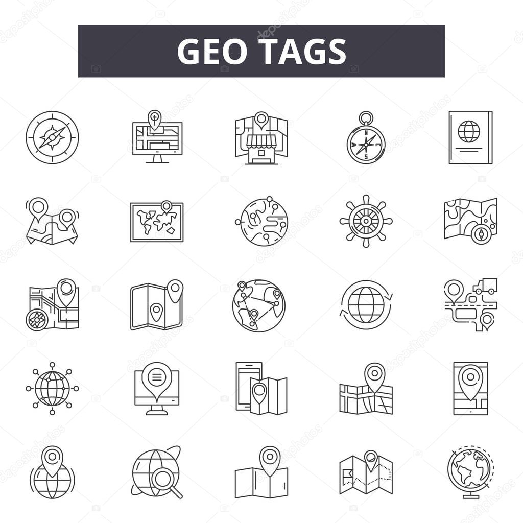 Geo tags line icons, signs set, vector. Geo tags outline concept illustration: location,pointer,map,geo,tag,pin,place