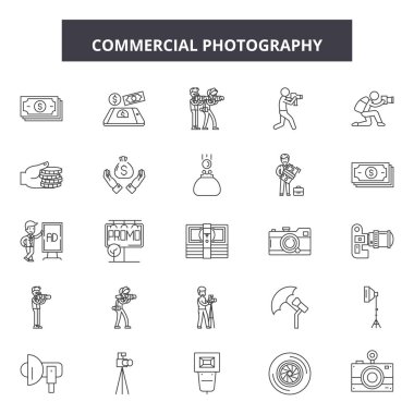 Ticari fotoğraf hattı simgeleri, işaretler seti, vektör. Ticari fotoğrafçılık anahat kavramı, illüstrasyon: fotoğraf, decommercial, kamera, çizgi