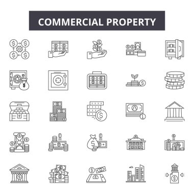 Ticari özellik satır simgeleri, işaretler seti, vektör. Ticari mülkiyet anahat kavramı, illüstrasyon: ticari, mülkiyet, emlak, ev, gayrimenkul, ev, ev, konut, bina, sembol