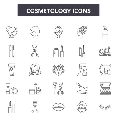 Kozmetoloji çizgi simgeleri, işaretler seti, vektör. Kozmetoloji anahat kavramı, illüstrasyon: kozmetoloji, bakım, güzellik, yüz, cilt, kozmetik, kadın, kız