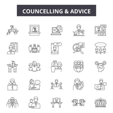 Councelling line icons, signs set, vector. Councelling outline concept, illustration: man,people,councelling,person,couple,woman,hug clipart