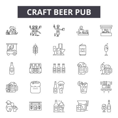 Zanaat bira pub satır simgeleri, işaretler seti, vektör. Zanaat bira pub anahat kavramı, illüstrasyon: zanaat, pub, bar, bira, alkol, bira, içki, restoran, etiket