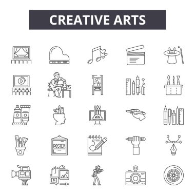 Yaratıcı sanatlar çizgi simgeleri, işaretler seti, vektör. Yaratıcı sanatlar anahat kavramı, illüstrasyon: sanat, degrafik, palet, yaratıcılık, çizim