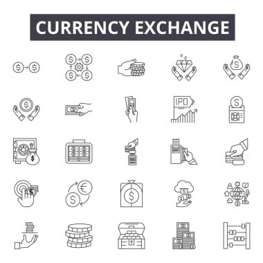 Döviz çizgisi simgeleri, işaretler seti, vektör. Döviz anahat kavramı, illüstrasyon: döviz, döviz, para, iş, dolar, finans, sembol